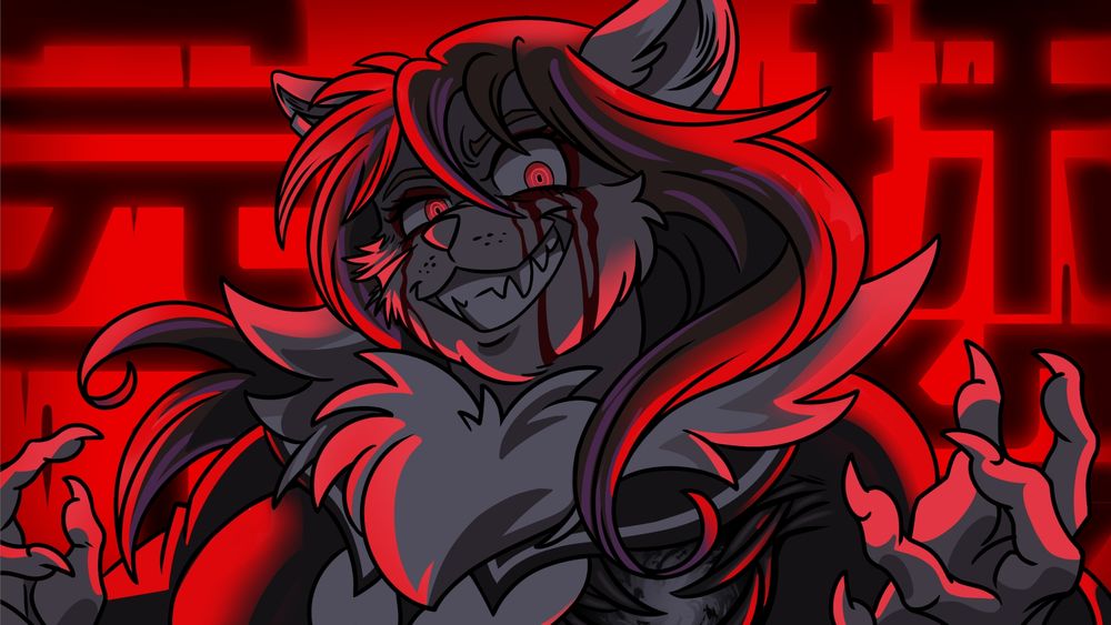 A drawing of an anthro cat girl grinning at the camera with her claws up, in the style of an extermination screen from The Hundred Line: Last Defense Academy