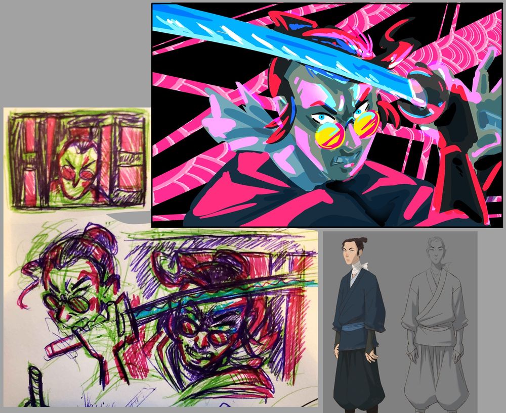 A gray canvas with sketchbook drawings, official art, and a color pass of Mizu from Blue Eye Samurai