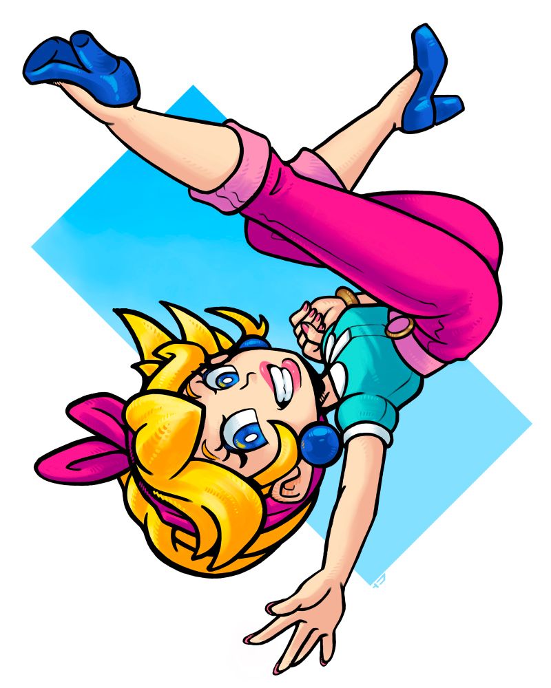 Princess Peach from Mario Kart World in her “Sightseeing” outfit falling through space in a cute pose. She is smiling,one arm and one leg outstretched. 