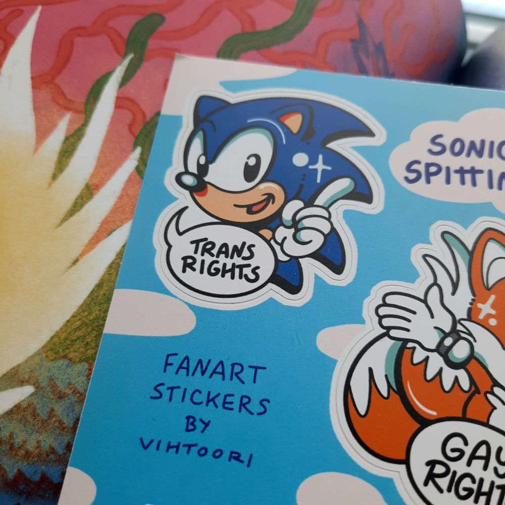 Closeup of Sonic sticker saying 'trans rights'.