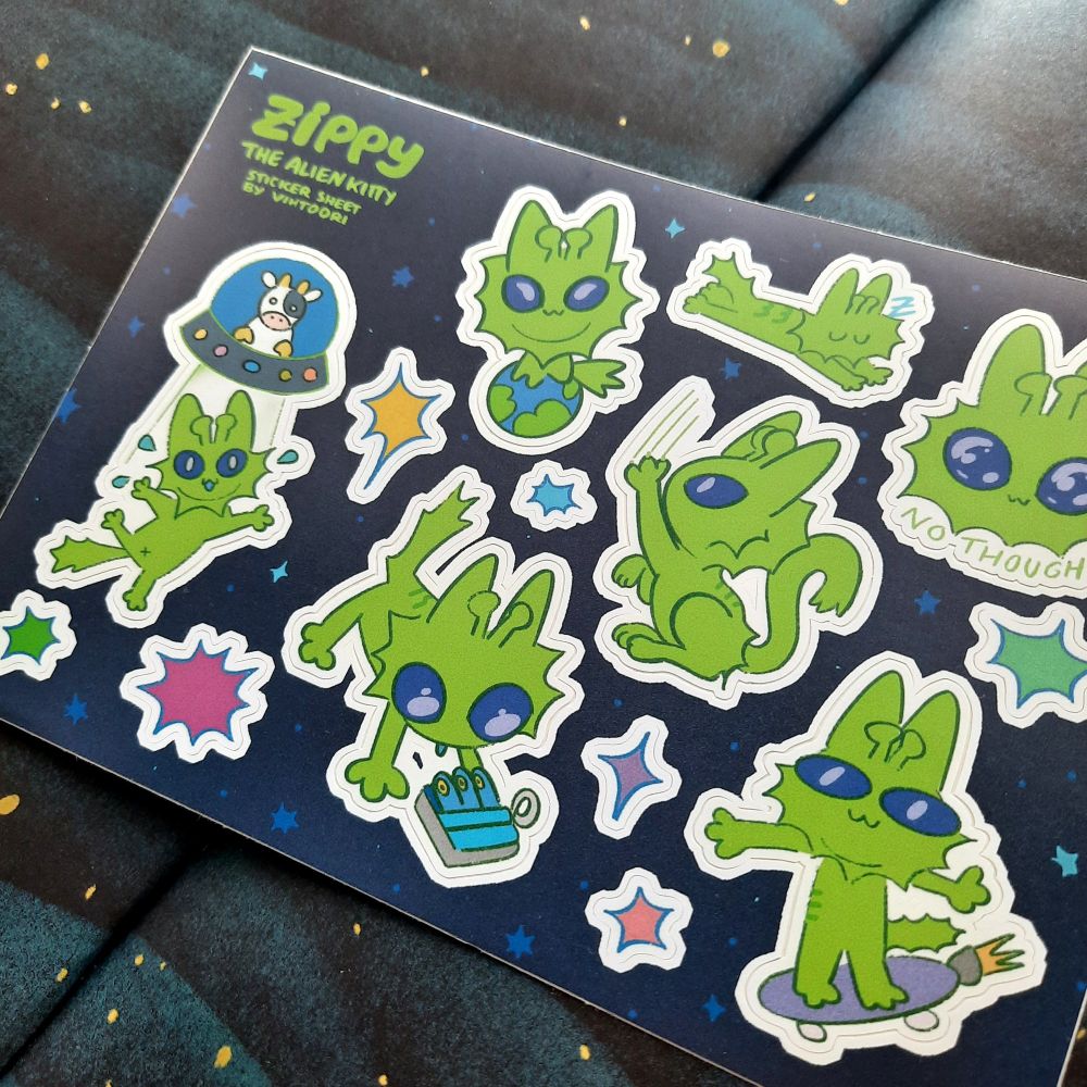 Closeup of the alien kitty sticker sheet. The alien kitty is doing various activities like skating, observing sardines, sleeping etc.