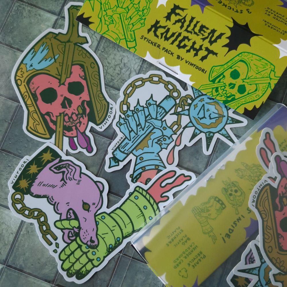 Sticker pack called 'Fallen Knight' by Vihtoori. Next to the pack's header there's three colorful stickers with golden details on them. The stickers feature a skull with short sword hit through it, a severed armored hand with morning star and a dog biting severed armored hand.