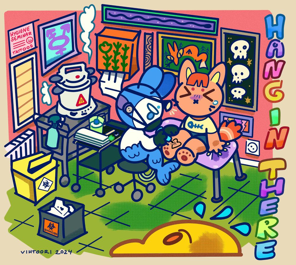Cartoony illustration of a mermaid bunny tattooing a cat while wearing personal safety gear like facemask and gloves. On the background there are various tattoo studio equipment such as autoclave, disinfectant and dedicated trash for needles with biohazard sticker on it. The bunny has a focused expression while the cat has her eyes closed in pain. On the right side there's text that reads 'hang in there'.