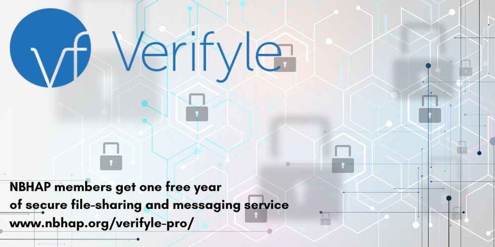 a background of a hexagonal circuit board with locks, the Verifyle logo, and text, 'NBHAP members get one free year of secure file-sharing and messaging service.' and the link