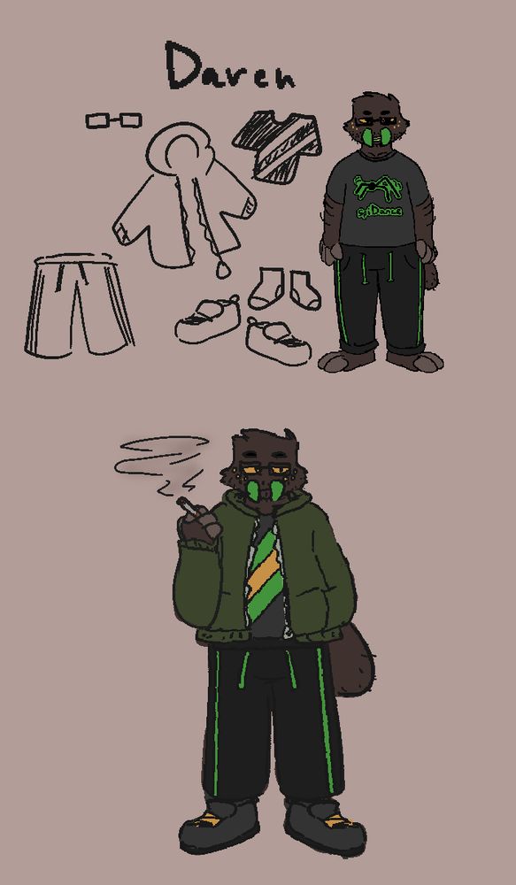 Introducing? Daren! The top outfit with the T-shirt and sweatpants is his indoor cozy outfit, or what he likes to wear when he's streaming. When he needs to run an errand outdoors, he'll typically just throw on his hoodie, but he likes to keep it unzipped. He does also have another shirt to wear underneath if he doesn't feel like repping his merch. His sneakers are just a normal black pair, but he swapped out the original black laces for yellow ones to add a bit of contrast.