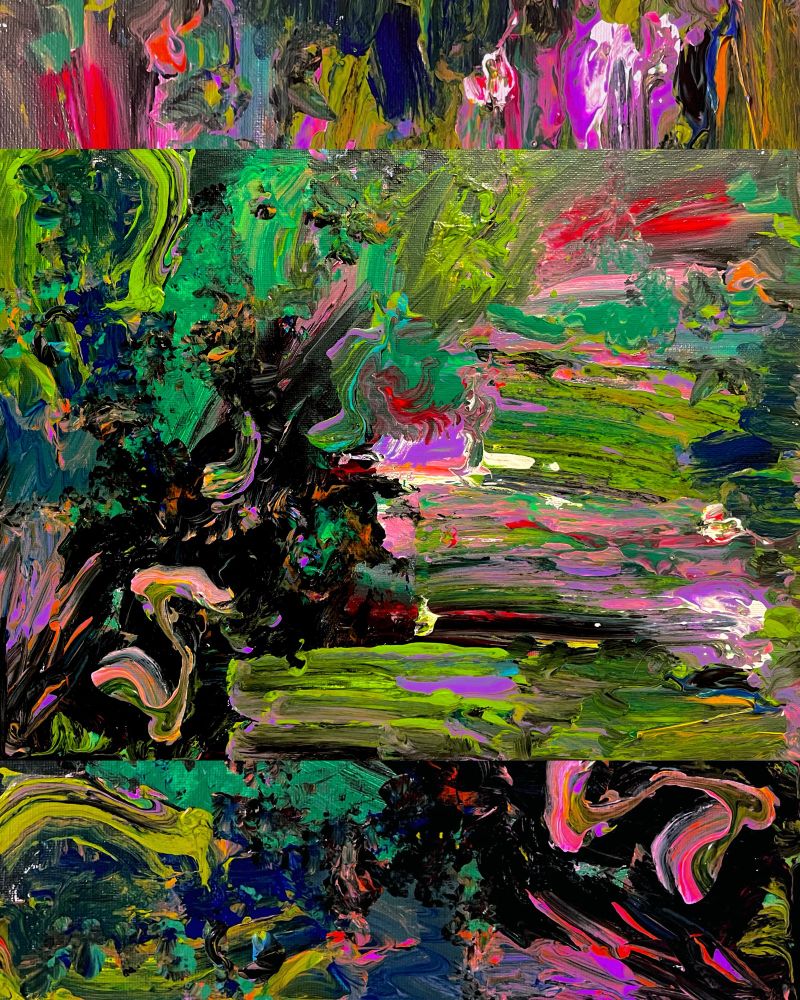 Abstract acrylic painting with black, olive green, bright pink, and almost-neon purple. Digital collage where a rectangular part of the painting is layered on top, like a frame