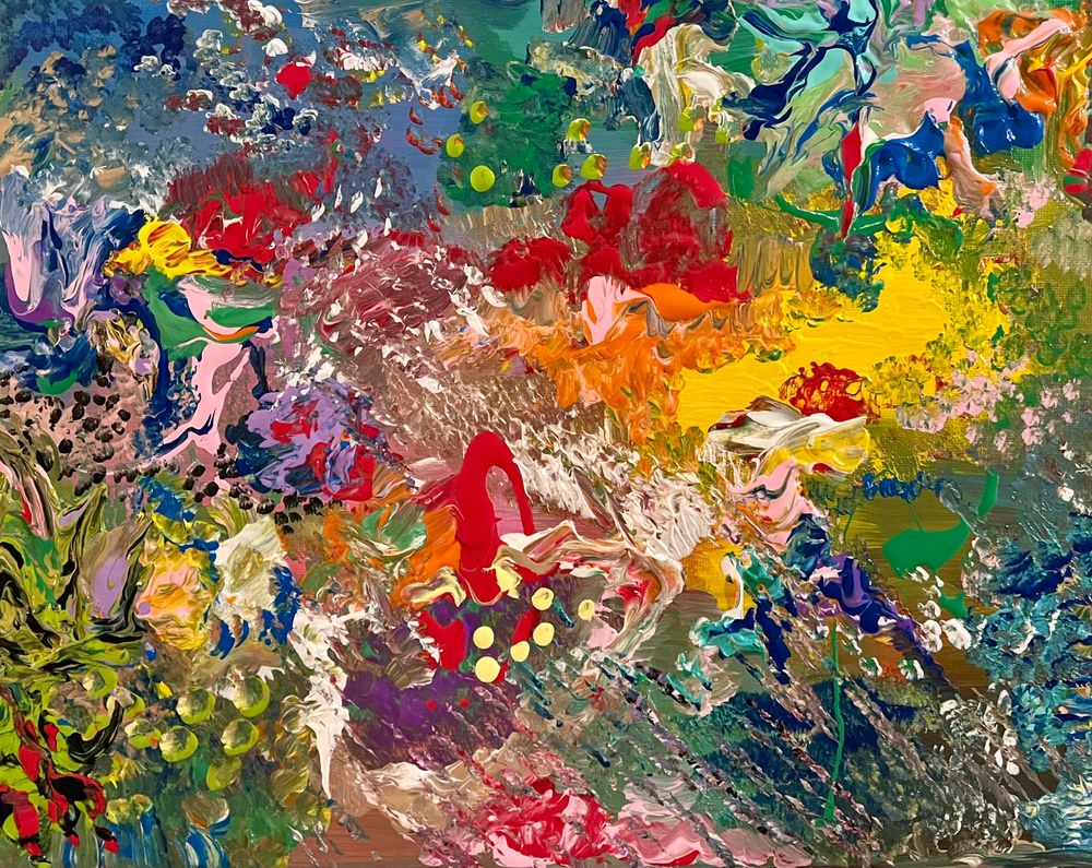 Abstract acrylic painting in a bright, rainbow color palette. Lots of small dots and brush marks. A bright yellow area peeks through the right side
