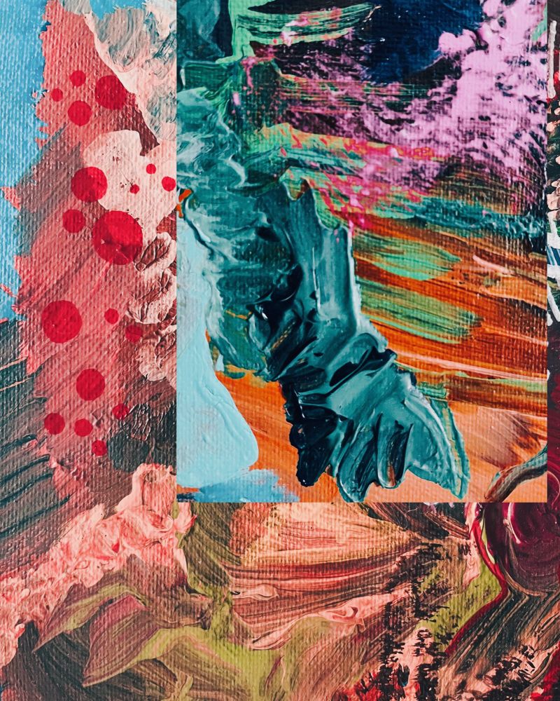 Abstract acrylic painting in a warm, brown & peach color palette. Accents of teal, neon pink, and red circles. Digital collage with a smaller, painted rectangle layered on top