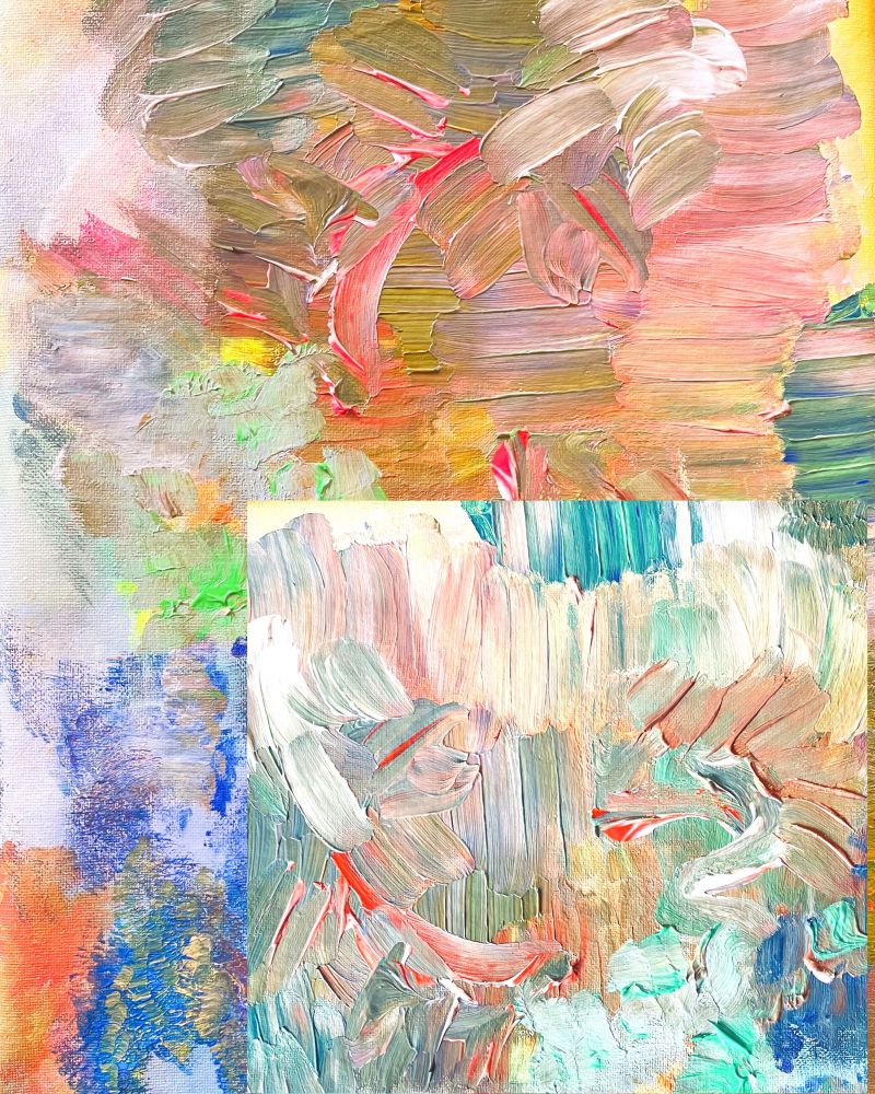 Abstract acrylic painting with lots of brushstrokes in mostly pastel colors. Accents of neon green, mustard shades. Digital collage with a smaller, painted square layered on top