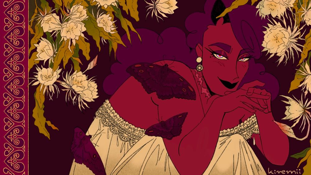 Cartoon style illustration of my oc Alcira, she's woman with dark skin, dark purple hair and a scar in her neck. She is wearing a white dress and is surrounded by queen of the night flowers, theres three black witch moths on top of her and there is a decorated frame on the left.