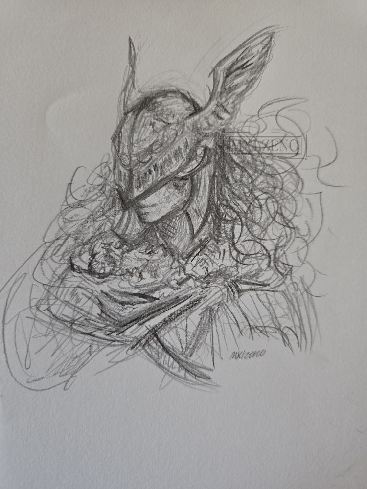 pencil headshot drawing of Malenia from Elden Ring, looking off to the side