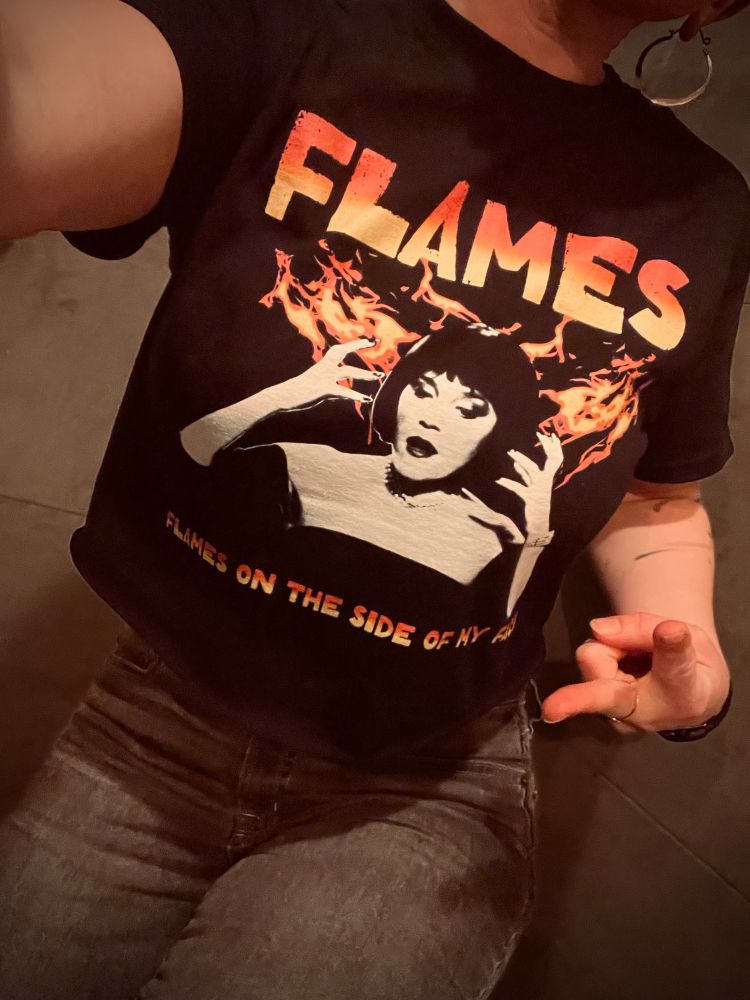 Shirt with a print of Madeline Kahn in Clue during the “flames, flames on the side of my face” scene