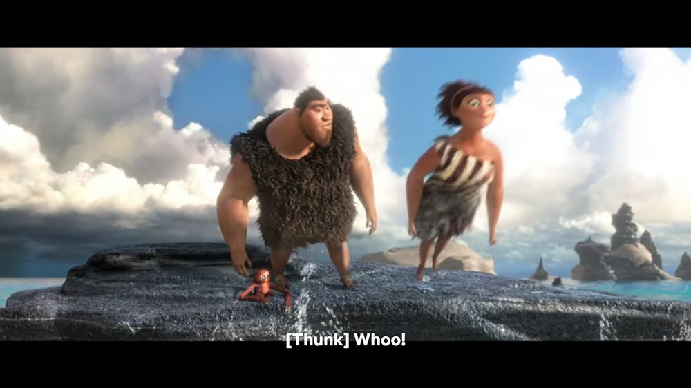 A screenshot of The Dreamworks Movie "The Croods" where it shows the Character Ugga is jumping in the water, with the facial expression, somewhat stiffed pose, and the blur giving a somewhat comedic effect.