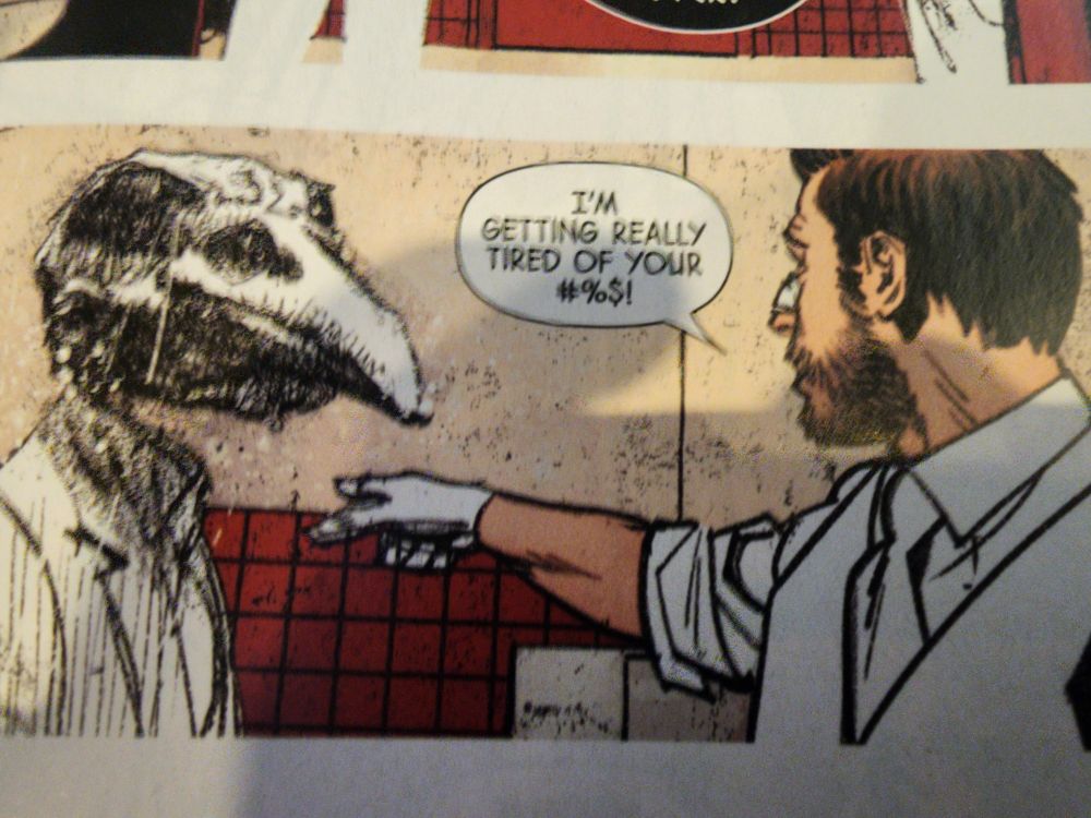 A comic panel showing Mister Knight at the right pointing angrily at Khonshu, with a speech bubble that has Mister Knight saying "I'm getting really tired of your #%$!"