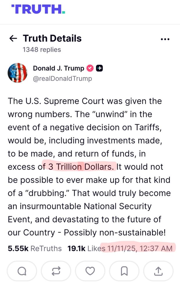 Screenshot of Donald Trump on Truth Social 9.5 hours after the first screenshot claiming tariffs are in excess of $3 trillion dollars.