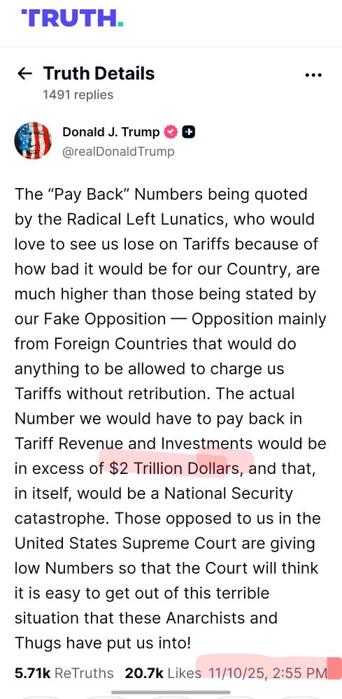 Screenshot from Donald Trump on Truth Social claiming tariff revenue is "in excess of $2 trillion dollars."