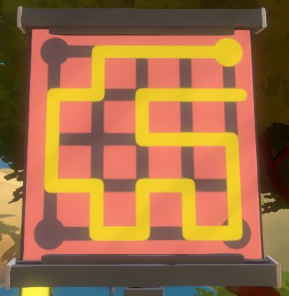 a closeup of a solved puzzle panel from "the witness". the background of the panel is red, and a yellow line traced through the grid forms a shape that is eerily similar to the heavily-memed player characters from "among us"
