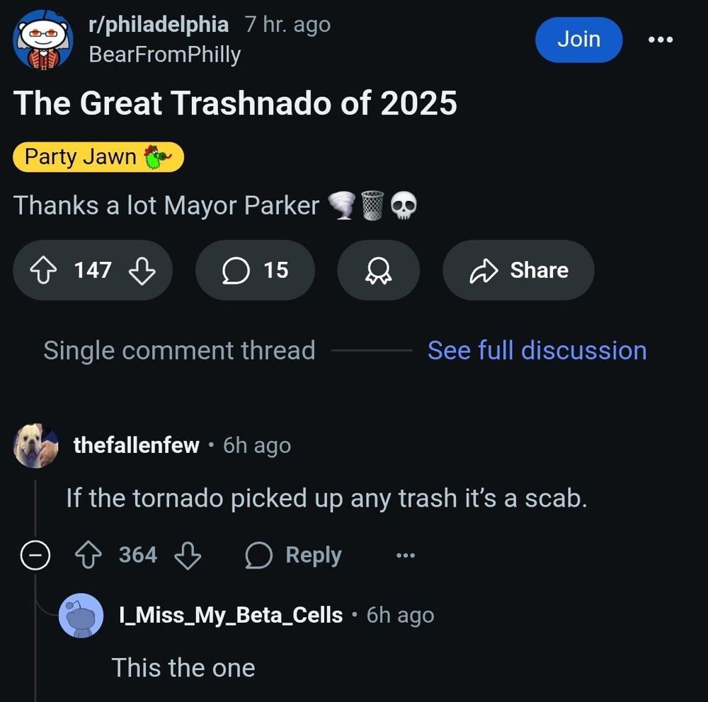 A reddit post. User thefallenfew says "If the tornado picked up any trash it's a scab"
