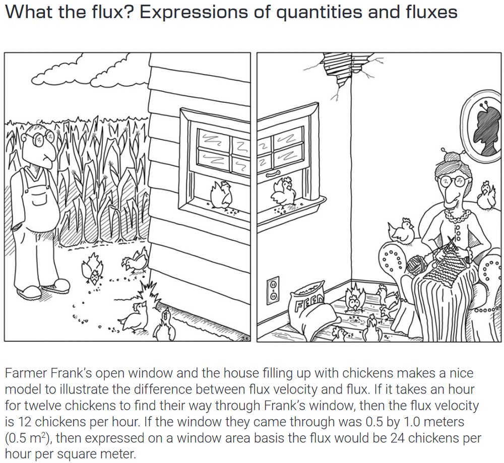 Confused farmers observing chickens moving through a farm house window demonstrating a description of flux velocity and flux.
