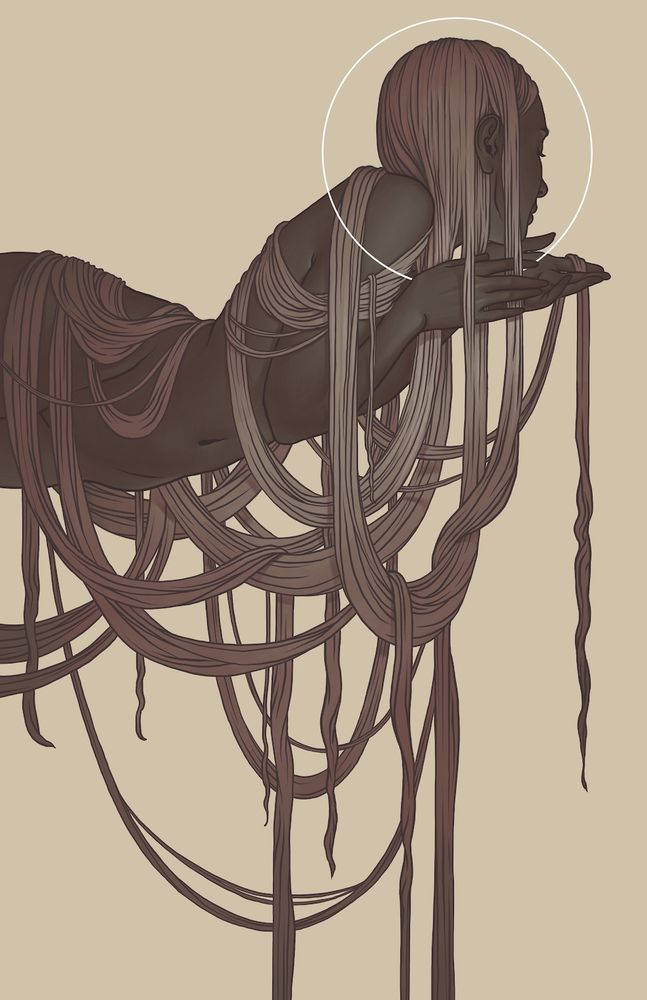 a woman cradles a halo in her hands as she looks away. long hair drapes over her and falls to the ground.