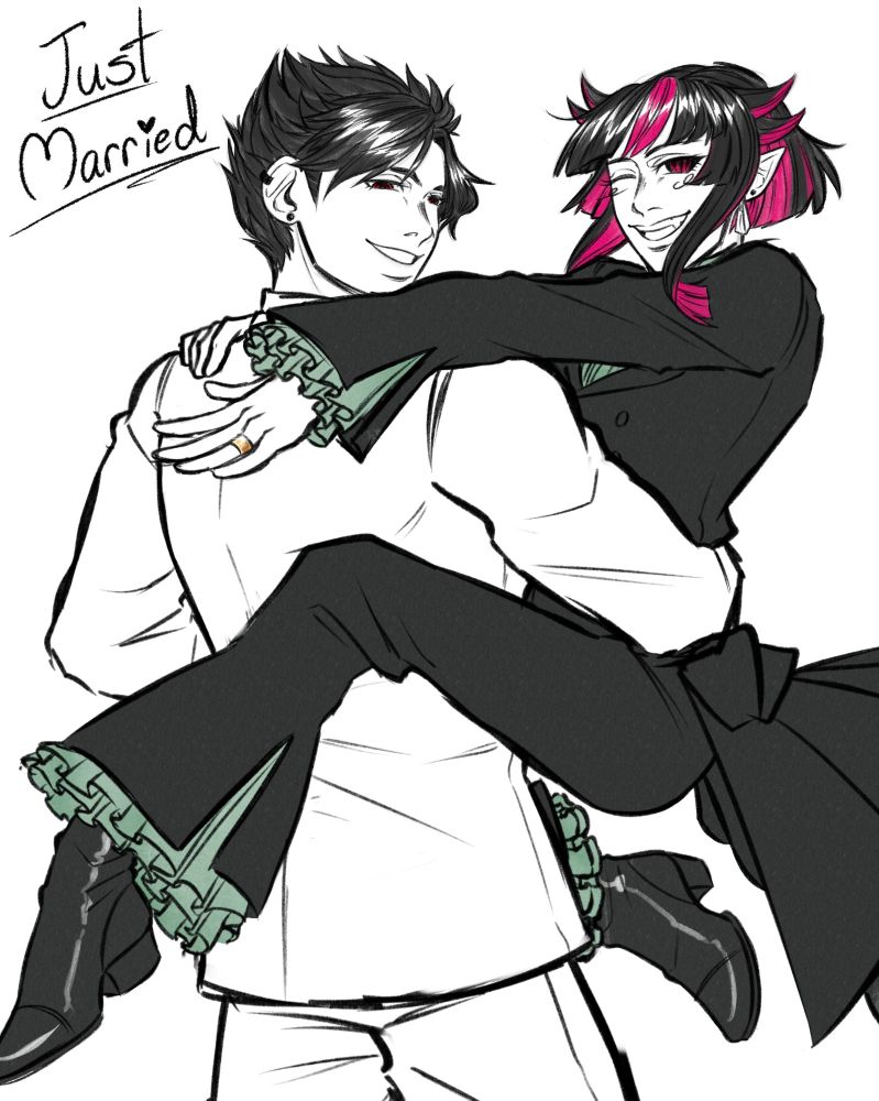 Image of Belial (granblue) holding Lilia (twst) while both are wearing wedding attire. Text on the top left says "just married" and Lilia has his hand out, showing off his wedding ring.