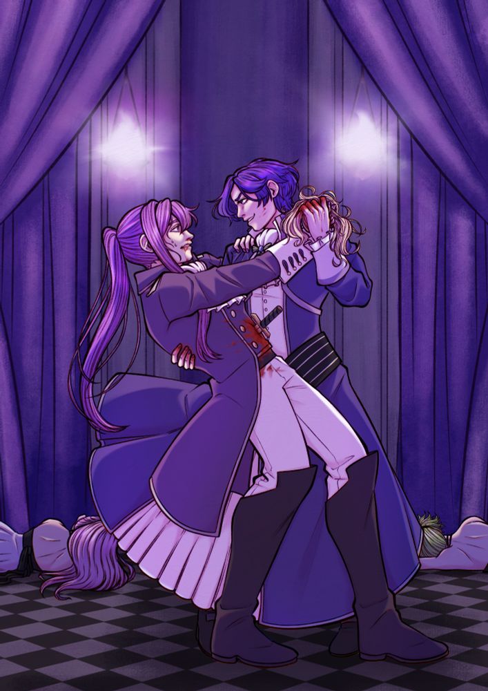 An illustration based on "The Madness of Duke Venomania"/"Dance with Asmodeus"
In the center depicts gakupo (Sateriasis Venomania) and kaito (Karchess Crim) holding one another as if dancing. Except Sateriasis Venomania is pulling away, horrified after being stabbed by Karchess Crim, who hangs on to him and the now bloody blonde wig he used as a disguise. Behind both of them in the background, unconscious, is gumi's and Luka's characters, Gumina Glassred and Lukana Octo