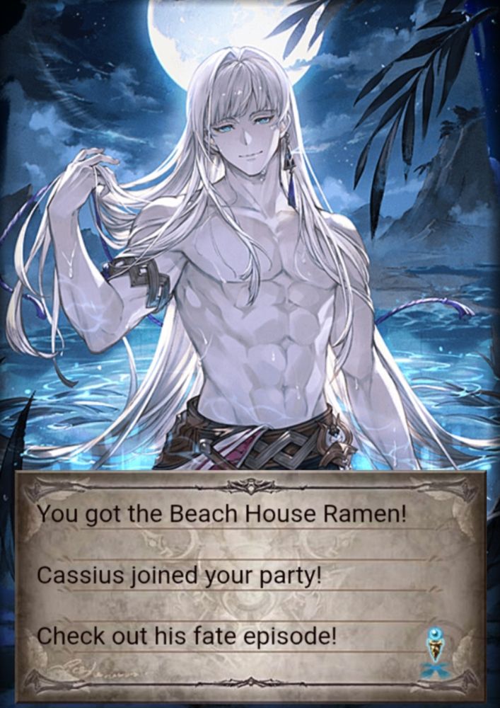 Screenshot of summer Cassius.
Text: "You got the beach house ramen! Cassius joined your party! Check out his fate episode!"