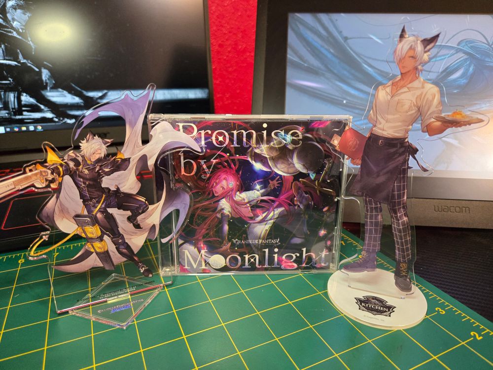 Image of the two Eustace standees (grancypher kitchen and gbvsr) and the promise by moonlight cd I got in the mail today