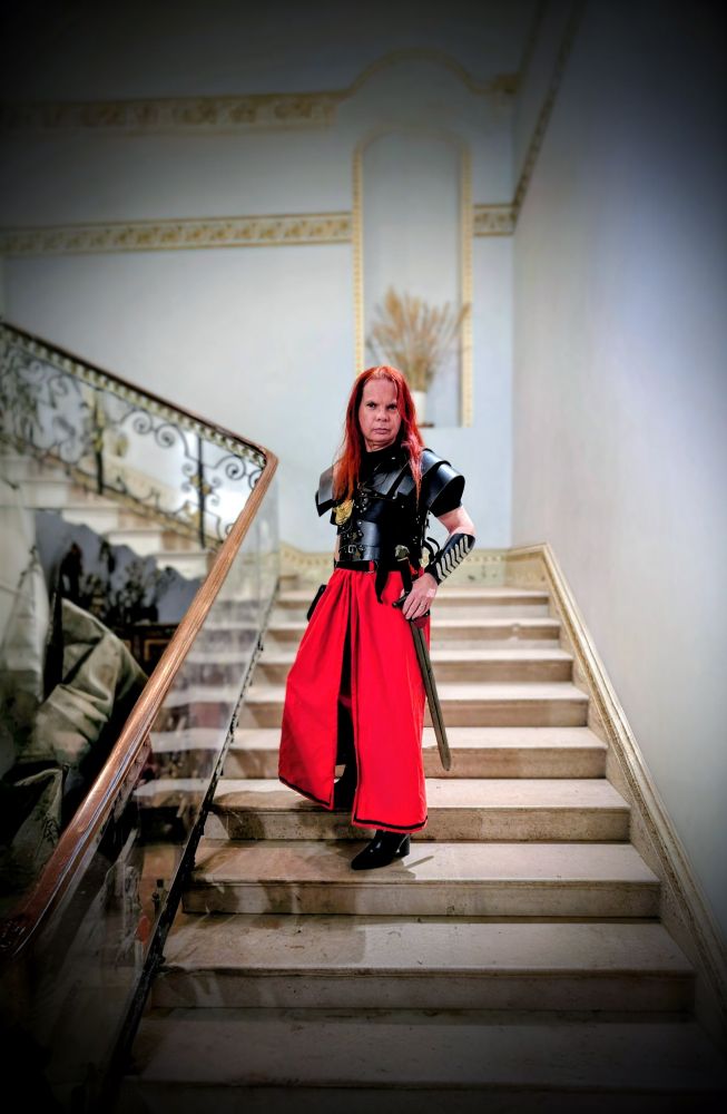 Descending the stairs in my gear