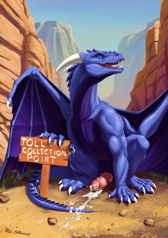 Blue dragon blocking a canyon way next to a sign. Dragon has erected penis with cum splattered on the ground