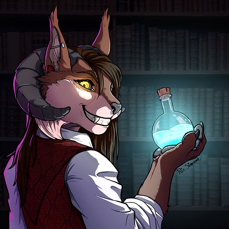 Demonic lynx holding a potion menacingly 