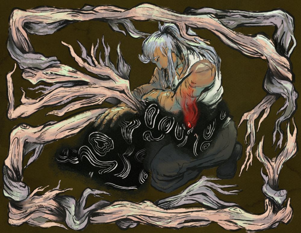 A digital drawing of Ezra and Talon embracing. Ezra, a tan-skinned man with light blue hair, looks down at Talon with pain and care in his eyes. His arms are covered in scars. Talon, a blurry, dark black, humanoid figure clings to him. Talon's eyes glow an angry red, and branches sprout from his back and that frame entire piece.