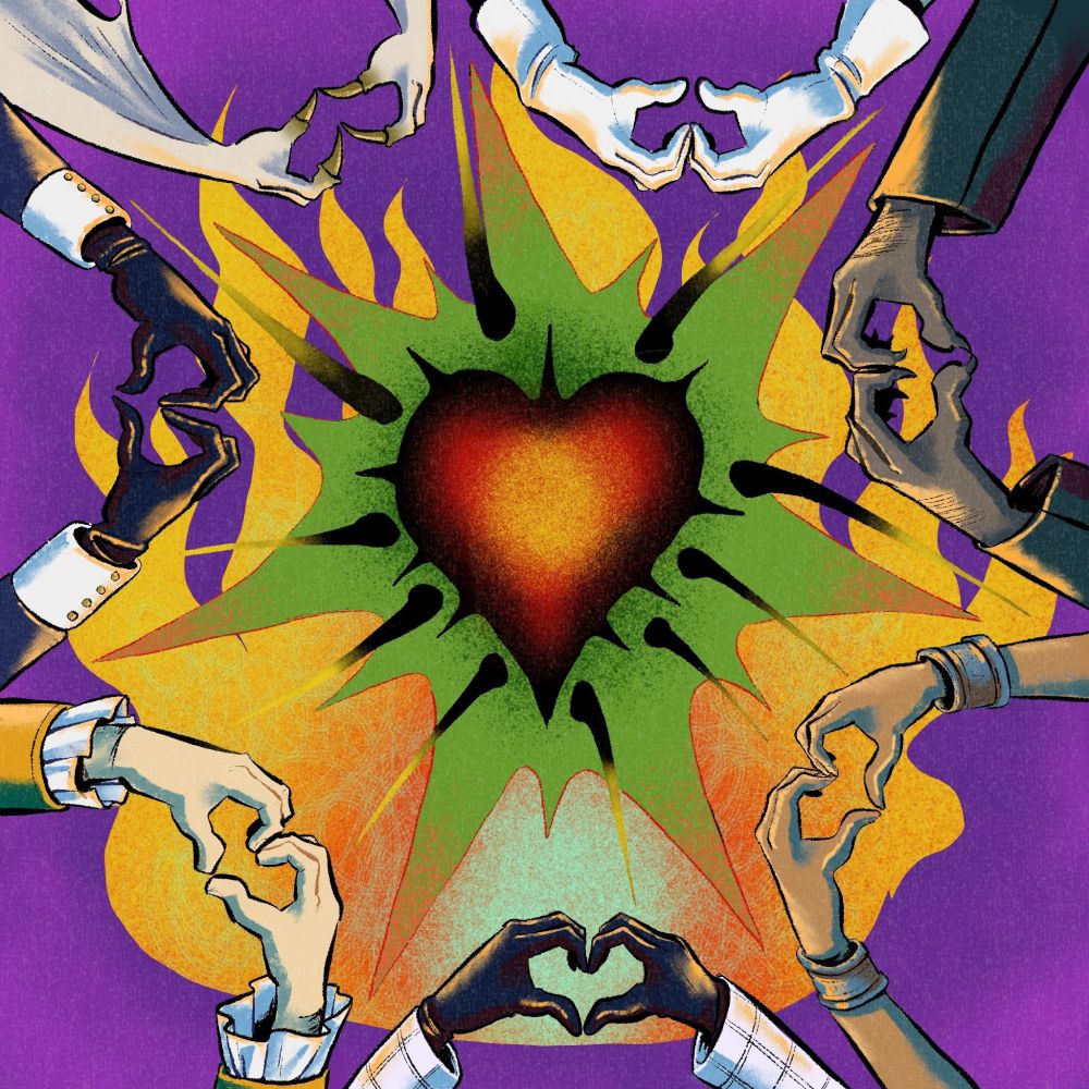 A digital drawing depicting seven different sets of hands next to each other in a circle, each set making a "heart" shape with their fingers. Each set of hands belongs to a character from the game Metaphor: ReFantazio. From the bottom middle and going clockwise: Will/Protagonist, Strohl, Hulkenberg, Heismay, Junah, Basilio, and Eupha. In the middle of the hands is a firery, colorful heart.