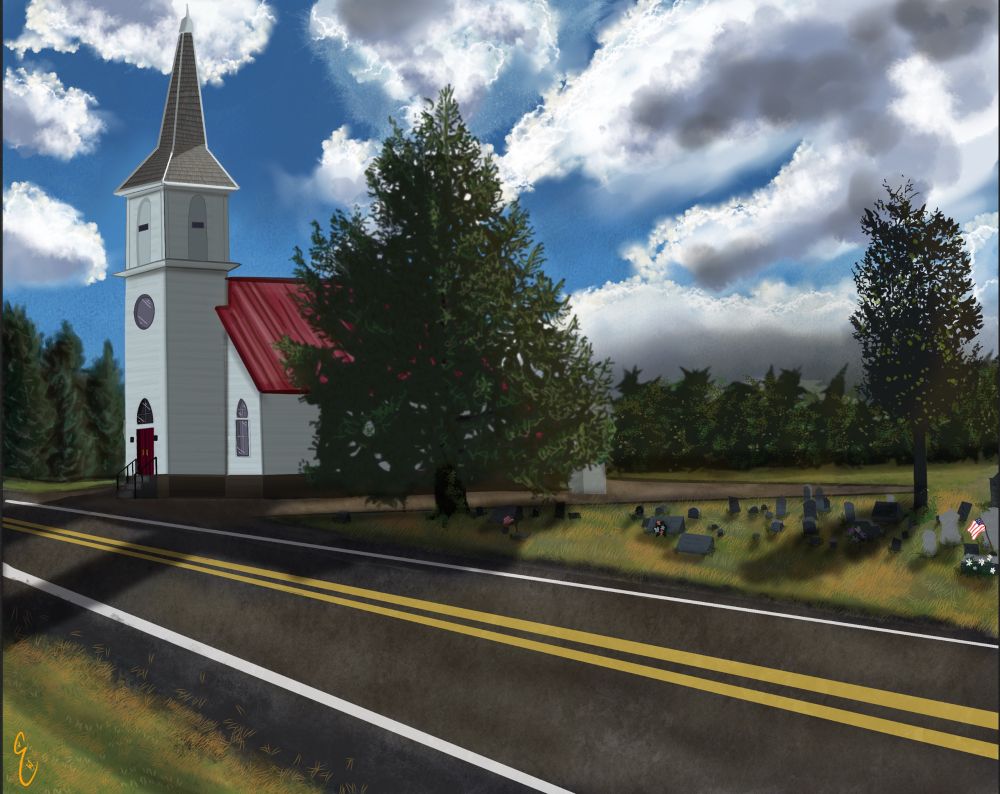 A country church with a red roof. It sits roadside. It is surrounded by trees and has an attached graveyard dating back to the Civil War. The sky is brilliant and blue with dramatic clouds passing above. 