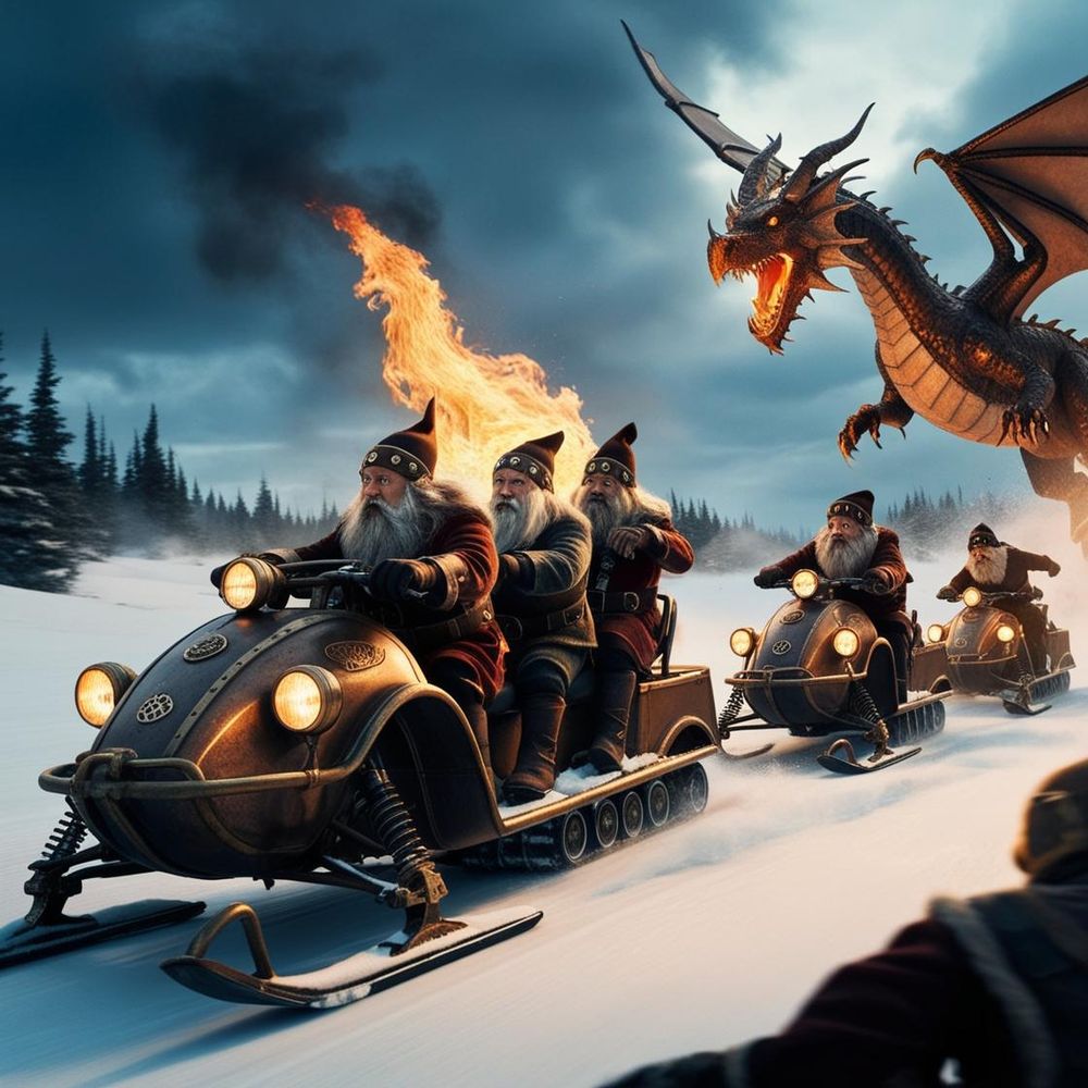 Several fantasy dwarves fleeing a fire-breathing dragon on snowmobiles. Dwarves are dressed in pointy red hats. Three dwarves are on the lead snowmobile, with two single riders behind them. The dwarves look worried. 