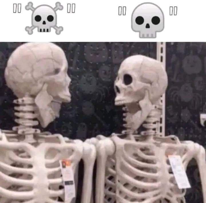 two plastic skeletons looking at each other laughing their asses off 