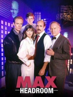 The cast of the 80s tv show Max Headroom in publicity shot in front of a stylized cityscape background. 