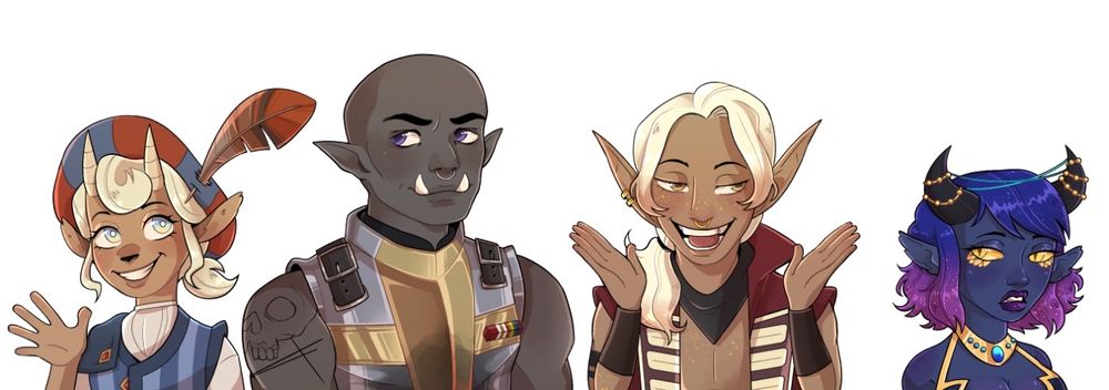 Art of the characters of the DnD podcast and Twitch stream, Few And Far Between. From left to right, Voka is a satyr with a red and blue puffy hat with a red feather sticking out of it. He is smiling and waving. Next is Orgoth, a half-orc with purple eyes, a metallic breastplate, and a skull tattoo on his right shoulder. To the right of him is an eladrin named North wearing a red and gold vest and long blonde hair. They are smiling and looking to the left, and holding two hands in the air in a shrug. Last in line is a dragon elf named Lapuhs. She has dark blue skin, golden eyes with gold scales at the edges of her eyes. She has a chin length bob that goes from shifts from blue to purple. She is wearing a golden neck piece with blue gems set into it.