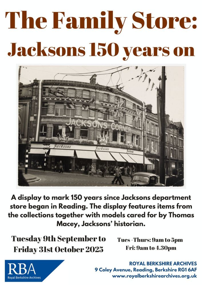 Poster for a display titled 'The Family Store: Jacksons 150 years on' about Jacksons department store in Reading open until 31 October.