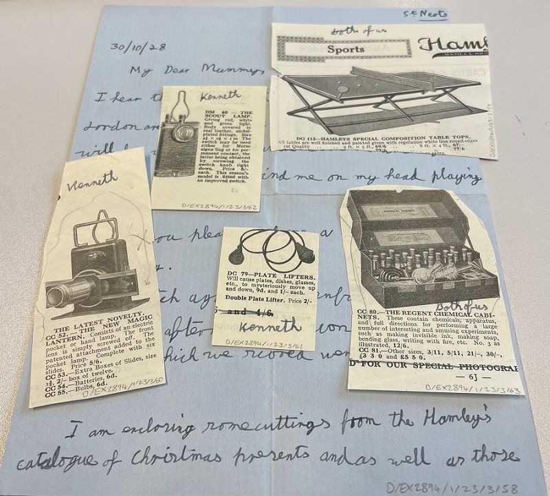 Letter on blue paper with five catalogue clippings of items.