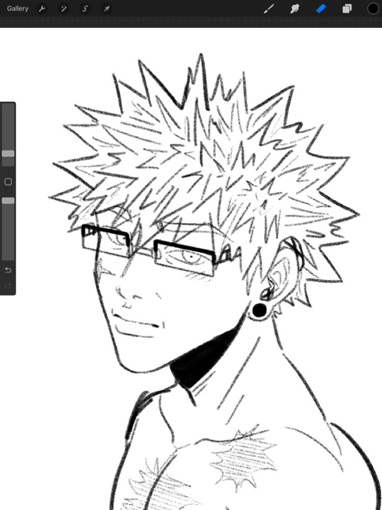 Older Bakugou Katsuki with square glasses on, a full black gauge and hearing aids, shirtless, from bust up