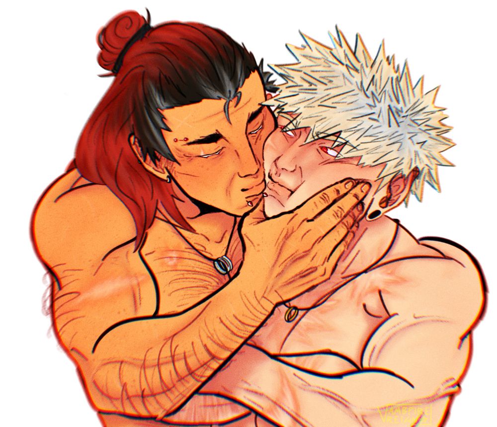 Eijirou gently squeezing Katsuki’s cheeks and bringing him in for a kiss. Both of them are older, Eijirou with his roots showing and some grey lines, plus smile wrinkles. Katsuki also has some grey. Both are ripped, wearing wedding rings around their necks, with has an extra as his engagement ring.