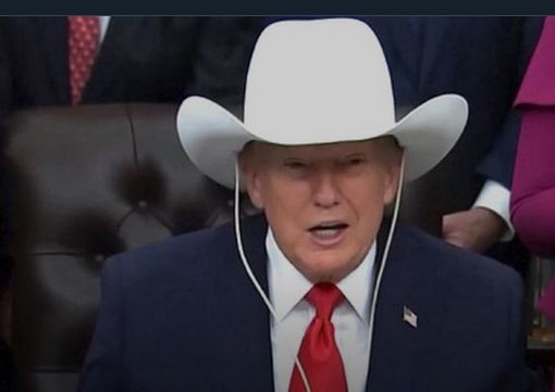 Donald Trump cosplays as a "cowboy" in a far too big white hat