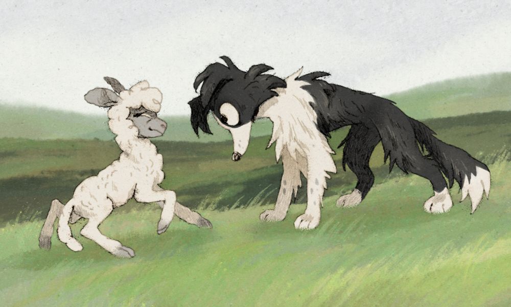 A digital illustration of a border collie dog looking intensely at a lamb.