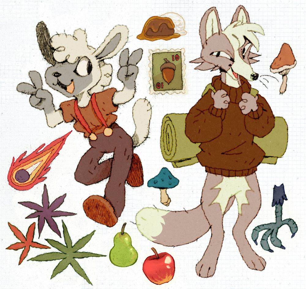 A digital illustration of an anthro lamb and fox. The lamb is stepping forward giving a double peace sign, the fox is holding onto a sleeping-roll backpack. They are surrounded by various sticker-like doodles.