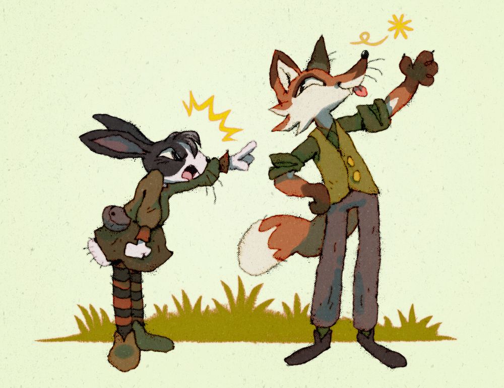 A digital illustration of an anthro rabbit and fox