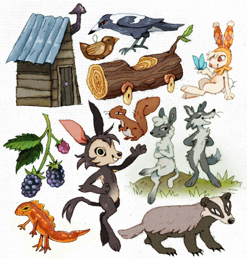 A collage of assorted illustrations including; a cabin, a magpie, a wooden bird, a log car, a rabbit, a squirrel, blackberries, a pwca, a lamb and wolf, a newt and a badger.