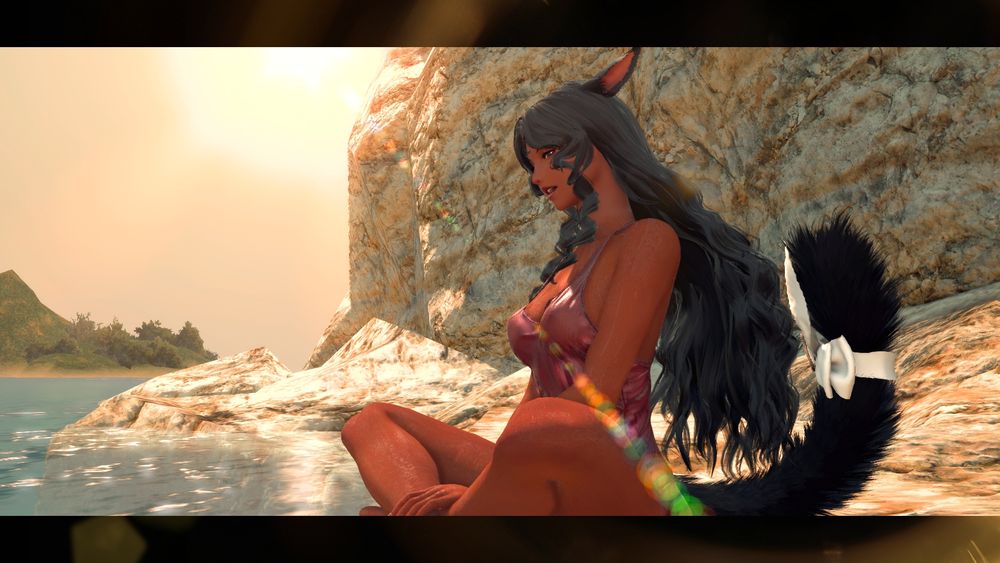 Annette sits on a rock overlooking the ocean at sunset. She's dressed in a red shirt, soaked and now sheer from the salty water just a few feet away. Her eyes are downcast and expression solemn as if singing the lyrics from the caption.