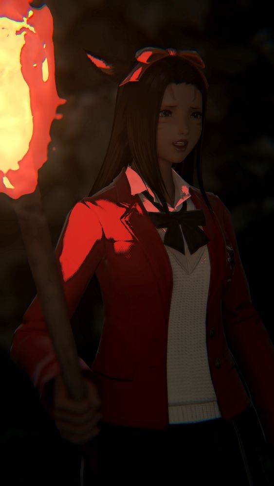 Annette in a school uniform, in a cave, nervously holding a torch