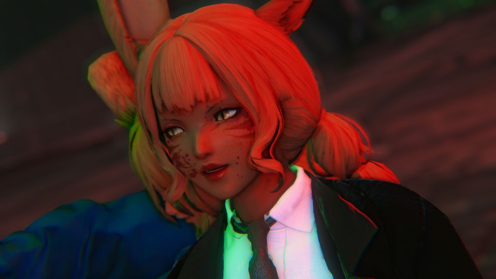 Annette and Kaiyle cosplaying as Makima and Power from Chainsaw Man. The two walkthrough and abandoned laboratory, Power ready to defend as devils attack from right.